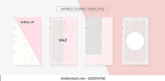 Stories Template Cool Vector Layout. Social Media Blogger Concept Set. Graphic Phone Design Pack. Grunge App Kit, Pink White Gold Fashion Geometric Marble Patterns. Stories Template VIP Layout
