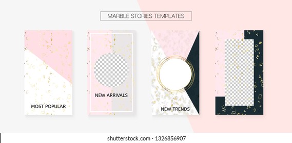 Stories Template Cool Vector Layout. Social Media Blogger Design Set. Hipster App Kit, Pink White Gold Rich VIP Geometric Marble Patterns. Textured Mobile Design Pack. Stories Template VIP Layout