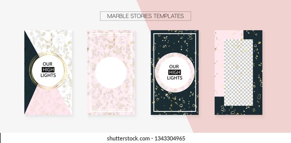 Stories Template Cool Vector Layout. Graphic Apps Design Pack. Social Media Blogger Covers Set. Minimal App Kit, Pink White Gold Luxury Geometric Marble Patterns. Stories Template VIP Layout