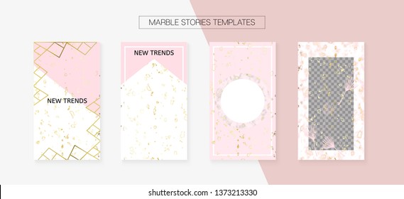 Stories Template Cool Vector Layout. Invitation Advert Design Pack. Social Media Blogger Covers Set. Hipster App Kit, Pink White Gold Rich VIP Geometric Marble Patterns. Stories Template VIP Layout