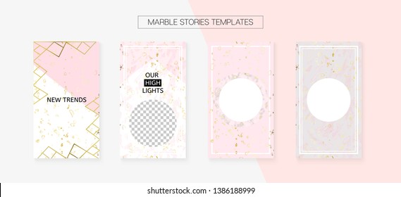 Diseño del vector frío de plantilla de historias. Kit de aplicaciones Hipster, Patrones De Mármol Geométrico De Moda De Oro Blanco Rosa. Juego de Conceptos para Blogueros de Medios Sociales. Paquete de diseño de marca texturizado. Diseño VIP de plantilla de historias