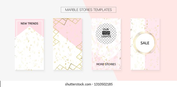 Stories Template Cool Vector SMM Layout. Textured Brand Design Pack. Social Media Blogger Covers Set. Trendy App Kit, Pink White Gold Rich VIP Geometric Marble Patterns. Stories Template VIP Layout