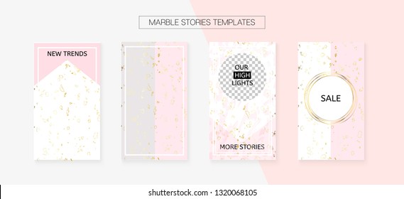 Stories Template Cool Vector SMM Layout. Minimal App Kit, Pink White Gold Elegant Geometric Marble Patterns. Social Media Blogger Border Set. Graphic Apps Design Pack. Stories Template VIP Layout