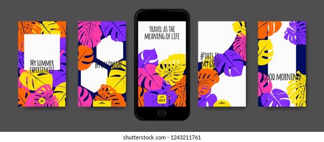 Stories Template Design. Tropic Leaves Background. Photo Frame Summer Concept for Social Media Stories. Mobile Screen Wallpaper. Exotic Leaf, Philodendron Pattern. Floral Template for Photo in Story.