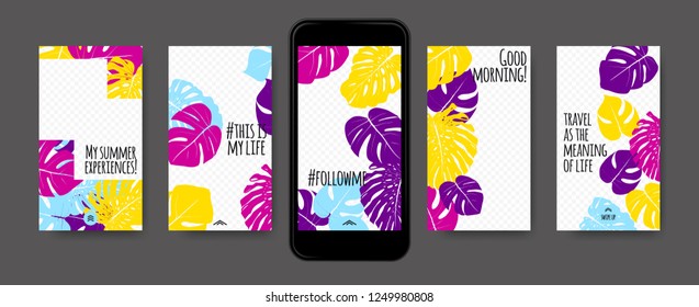 Stories Template Design. Tropic Leaves Background. Photo Frame Summer Concept for Social Media Stories. Mobile Screen Wallpaper. Exotic Leaf, Philodendron Pattern. Floral Template for Photo in Story.