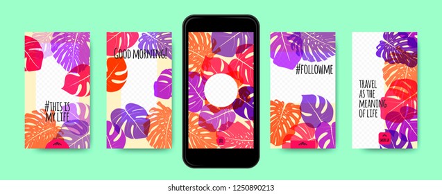 Stories Template Design. Tropic Leaves Background. Photo Frame Summer Concept for Social Media Stories. Mobile Screen Wallpaper. Exotic Leaf, Philodendron Pattern. Floral Template for Photo in Story.