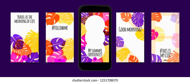 Stories Template Design. Tropic Leaves Background. Photo Frame Summer Concept for Social Media Stories. Mobile Screen Wallpaper. Exotic Leaf, Philodendron Pattern. Floral Template for Photo in Story.