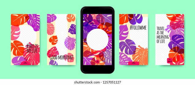 Stories Template Design. Tropic Leaves Background. Photo Frame Summer Concept for Social Media Stories. Mobile Screen Wallpaper. Exotic Leaf, Philodendron Pattern. Floral Template for Photo in Story.