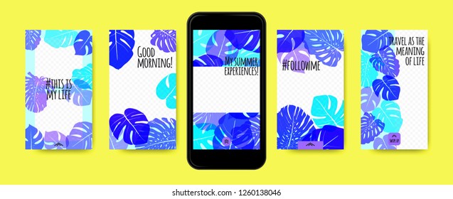 Stories Template Design. Tropic Leaves Background. Photo Frame Summer Concept for Social Media Stories. Mobile Screen Wallpaper. Exotic Leaf, Philodendron Pattern. Floral Template for Photo in Story.