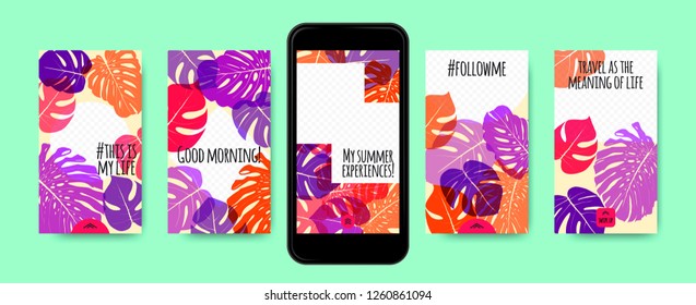 Stories Template Design. Tropic Leaves Background. Photo Frame Summer Concept for Social Media Stories. Mobile Screen Wallpaper. Exotic Leaf, Philodendron Pattern. Floral Template for Photo in Story.