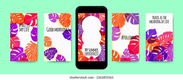 Stories Template Design. Tropic Leaves Background. Photo Frame Summer Concept for Social Media Stories. Mobile Screen Wallpaper. Exotic Leaf, Philodendron Pattern. Floral Template for Photo in Story.