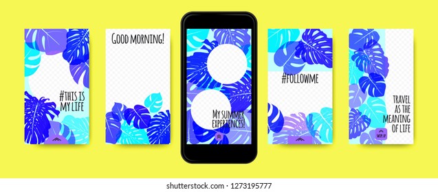 Stories Template Design. Tropic Leaves Background. Photo Frame Summer Concept for Social Media Stories. Mobile Screen Wallpaper. Exotic Leaf, Philodendron Pattern. Floral Template for Photo in Story.