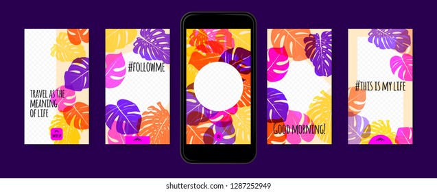 Stories Template Design. Tropic Leaves Background. Photo Frame Summer Concept for Social Media Stories. Mobile Screen Wallpaper. Exotic Leaf, Philodendron Pattern. Floral Template for Photo in Story.