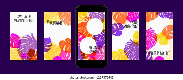 Stories Template Design. Tropic Leaves Background. Photo Frame Summer Concept for Social Media Stories. Mobile Screen Wallpaper. Exotic Leaf, Philodendron Pattern. Floral Template for Photo in Story.