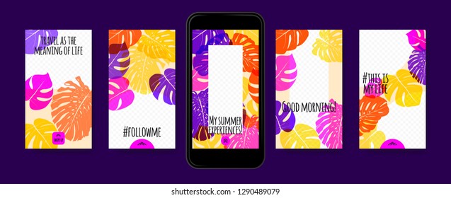 Stories Template Design. Tropic Leaves Background. Photo Frame Summer Concept for Social Media Stories. Mobile Screen Wallpaper. Exotic Leaf, Philodendron Pattern. Floral Template for Photo in Story.