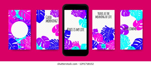 Stories Template Design. Tropic Leaves Background. Photo Frame Summer Concept for Social Media Stories. Mobile Screen Wallpaper. Exotic Leaf, Philodendron Pattern. Floral Template for Photo in Story.