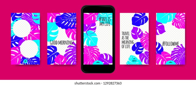 Stories Template Design. Tropic Leaves Background. Photo Frame Summer Concept for Social Media Stories. Mobile Screen Wallpaper. Exotic Leaf, Philodendron Pattern. Floral Template for Photo in Story.