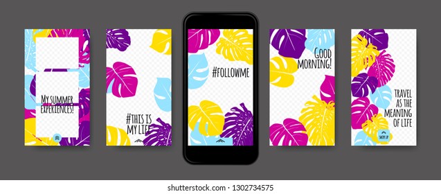 Stories Template Design. Tropic Leaves Background. Photo Frame Summer Concept for Social Media Stories. Mobile Screen Wallpaper. Exotic Leaf, Philodendron Pattern. Floral Template for Photo in Story.