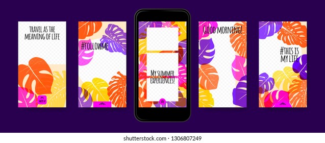 Stories Template Design. Tropic Leaves Background. Photo Frame Summer Concept for Social Media Stories. Mobile Screen Wallpaper. Exotic Leaf, Philodendron Pattern. Floral Template for Photo in Story.