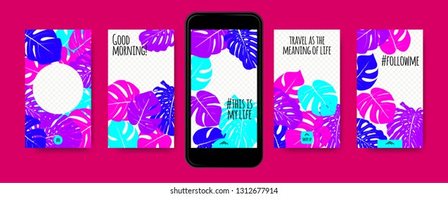 Stories Template Design. Tropic Leaves Background. Photo Frame Summer Concept for Social Media Stories. Mobile Screen Wallpaper. Exotic Leaf, Philodendron Pattern. Floral Template for Photo in Story.