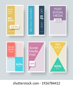 Stories template with geometric illustration, place for photo, banner for special offer, discounts, business promotion. Vector poster with colored squares, rectangles, triangles, social media post.Set