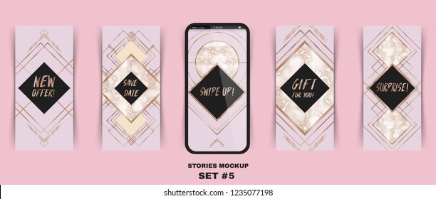 Stories template. Mockup. Marbling and rose gold. Text: New offer, swipe up, surprise.
