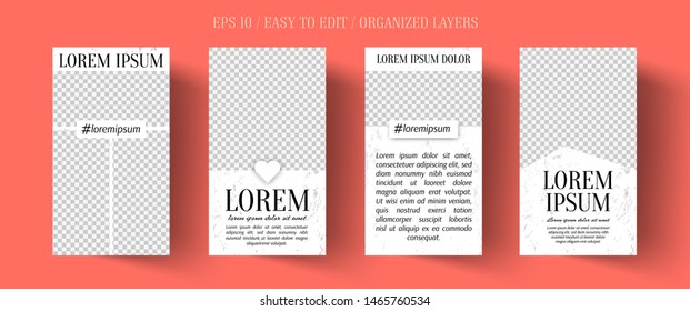 Stories template post for social networks. Story photo frame pack. Vector Illustration on white backdrop. Editable vector background. Discount coupon. Flyer or poster layout template.