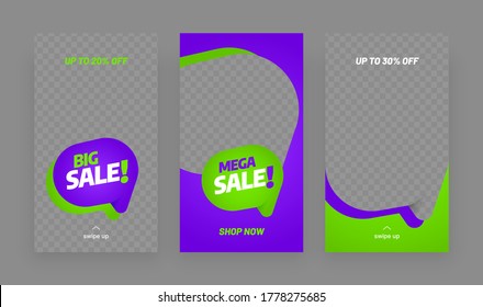 Stories template set for banner sale, presentation, flyer, poster, invitation. Screen backdrop for mobile app with place for photo. Social media story mockup.