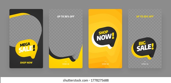 Stories template set for banner sale, presentation, flyer, poster, invitation. Screen backdrop for mobile app with place for photo. Social media story mockup.