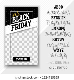 Stories template Social media - Black Friday. Hand drawn typeface set. Vector logo font. Typography alphabet for your designs: badge, typeface, card, wedding invitation.