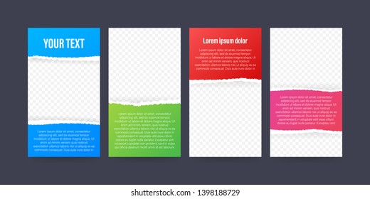 Stories template for social media with colored torn paper editable on transparent background. Vector stock illustration.