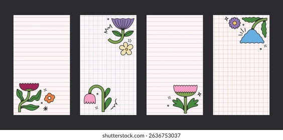 Stories template with stylized floral elements and paper sheets. Groovy flat design, colorful posters. Rewilding retro design.