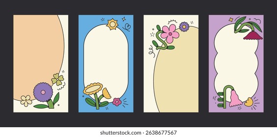 Stories template with stylized floral elements. Groovy flat design, colorful posters. Rewilding retro design.