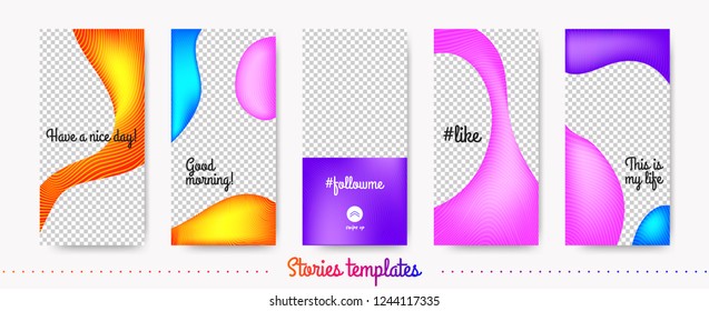 Stories Template Trendy Kit. Fashion Frames for Mobile Phone. Social Media Stories Creative Design. Abstract Color Liquid Shapes for Photo or Product Presentation. Wave Flyer for Web Stories Concept.