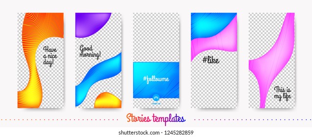 Stories Template Trendy Kit. Fashion Frames for Mobile Phone. Social Media Stories Creative Design. Abstract Color Liquid Shapes for Photo or Product Presentation. Wave Flyer for Web Stories Concept.