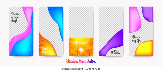 Stories Template Trendy Kit. Fashion Frames for Mobile Phone. Social Media Stories Creative Design. Abstract Color Liquid Shapes for Photo or Product Presentation. Wave Flyer for Web Stories Concept.