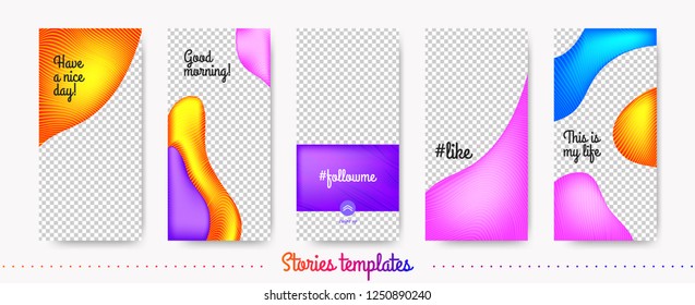 Stories Template Trendy Kit. Fashion Frames for Mobile Phone. Social Media Stories Creative Design. Abstract Color Liquid Shapes for Photo or Product Presentation. Wave Flyer for Web Stories Concept.