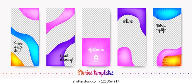 Stories Template Trendy Kit. Fashion Frames for Mobile Phone. Social Media Stories Creative Design. Abstract Color Liquid Shapes for Photo or Product Presentation. Wave Flyer for Web Stories Concept.