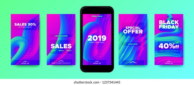 Stories Templates with Abstract Fluid Wave Shape. Colorful 3d New Year Sales Flyer for Promotion in Stories. Gradient Templates Set for Mobile Phone Screen Wallpaper. Stories Design, Branding Concept.