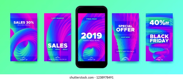 Stories Templates with Abstract Fluid Wave Shape. Colorful 3d New Year Sales Flyer for Promotion in Stories. Gradient Templates Set for Mobile Phone Screen Wallpaper. Stories Design, Branding Concept.