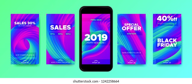 Stories Templates with Abstract Fluid Wave Shape. Colorful 3d New Year Sales Flyer for Promotion in Stories. Gradient Templates Set for Mobile Phone Screen Wallpaper. Stories Design, Branding Concept.