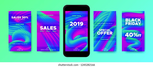 Stories Templates with Abstract Fluid Wave Shape. Colorful 3d New Year Sales Flyer for Promotion in Stories. Gradient Templates Set for Mobile Phone Screen Wallpaper. Stories Design, Branding Concept.