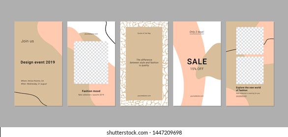 stories templates  for blog and sales, web online shopping banner concept. Set of 5 modern minimalistic backgrounds. Vector.