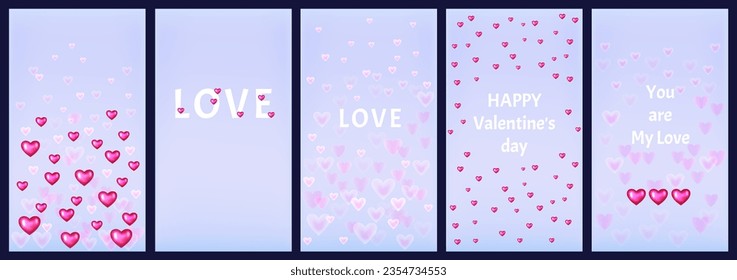 Stories templates. Instagram templates Happy Valentine`s day, love, you are my love. Set of festive vector templates with hearts. Graphics suitable for use for banner, print flyer, decorative