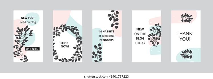 Stories templates set with black silhouette branches and pastel spots flat style, vector illustration on white background. Spring social media banners with floral elements and text