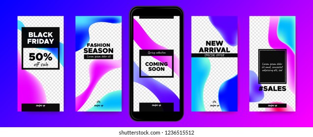 Stories Templates for Social Media. Photo Frame with Colorful Fluid Shapes. Abstract Covers Set for Fashion Photo Presentation on Stories. Sale Advertising Concept. Phone Screen Design for Web Story.