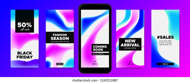 Stories Templates for Social Media. Photo Frame with Colorful Fluid Shapes. Abstract Covers Set for Fashion Photo Presentation on Stories. Sale Advertising Concept. Phone Screen Design for Web Story.