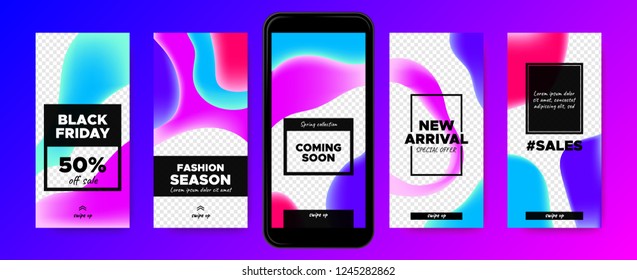 Stories Templates for Social Media. Photo Frame with Colorful Fluid Shapes. Abstract Covers Set for Fashion Photo Presentation on Stories. Sale Advertising Concept. Phone Screen Design for Web Story.