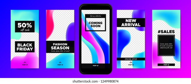 Stories Templates for Social Media. Photo Frame with Colorful Fluid Shapes. Abstract Covers Set for Fashion Photo Presentation on Stories. Sale Advertising Concept. Phone Screen Design for Web Story.