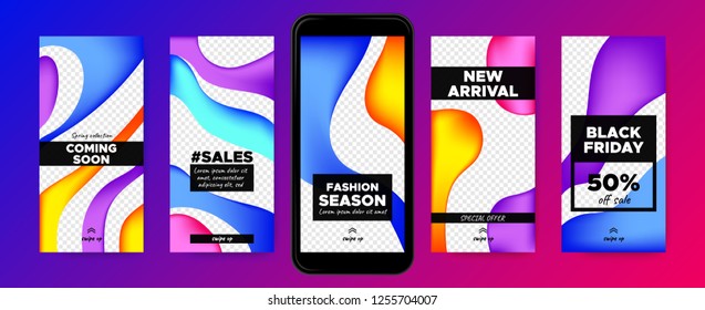 Stories Templates for Social Media. Photo Frame with Colorful Fluid Shapes. Abstract Covers Set for Fashion Photo Presentation on Stories. Sale Advertising Concept. Phone Screen Design for Web Story.